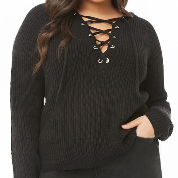 Forever 21 Sweaters - Forever21 Plus Lace Up Hooded Sweater